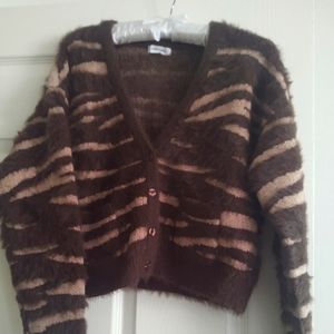 Beautiful Chocolate Brown &Tan Fuzzy Cardigan Sweater New